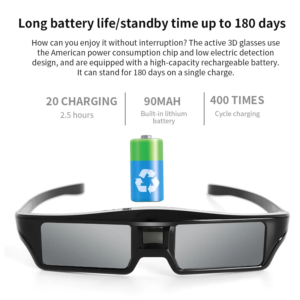 Negro 3D activo gafas Universal obturador activo 3D gafas portátiles Bluetooth activo Gafas cómodas Bluetooth