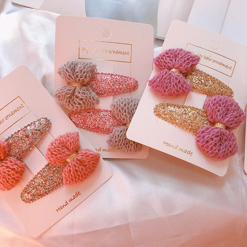 Free shipping fashion Knitted bow sequins Children's hairclips snap clip BB girl's hairpins kid's side clips hair accessories