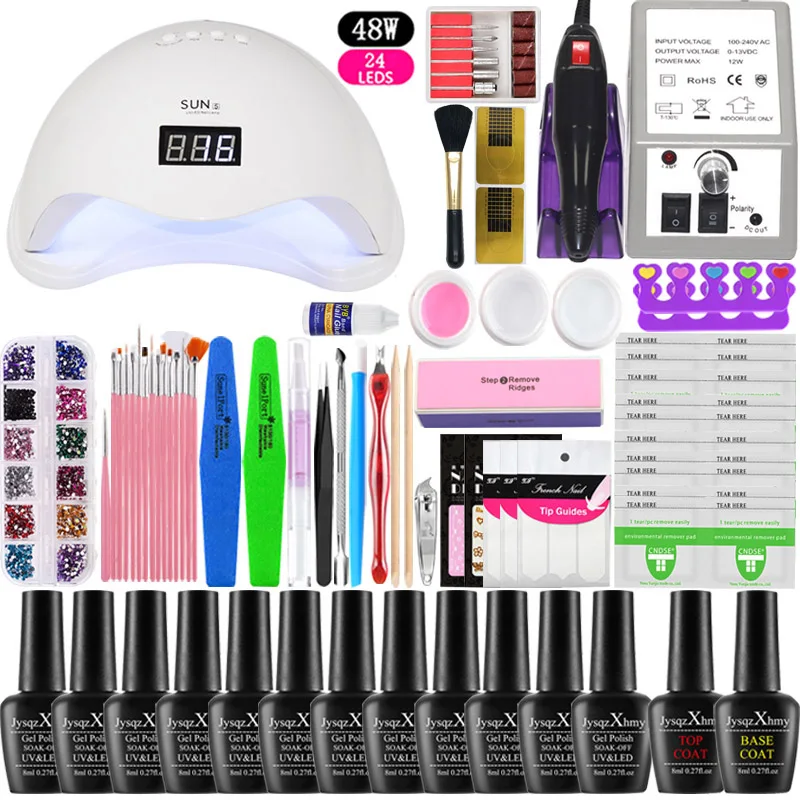 48w choose 12 color Нарощенных ногтей комплект маникюрный набор из 36/48/72 Вт лампа для ногтей 12/8 цветов лак для ногтей, гель, лак для ногтей, набор для ногтей не лак для ногтей - Цвет: 48w choose 12 color