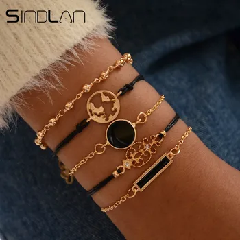 

Sindlan 5PCs Gothic Round Rectangle Charm Bracelet Women Gold Boho Bangles Bracelets Set Cool Wrist Chain Jewelry Bracelet Femme