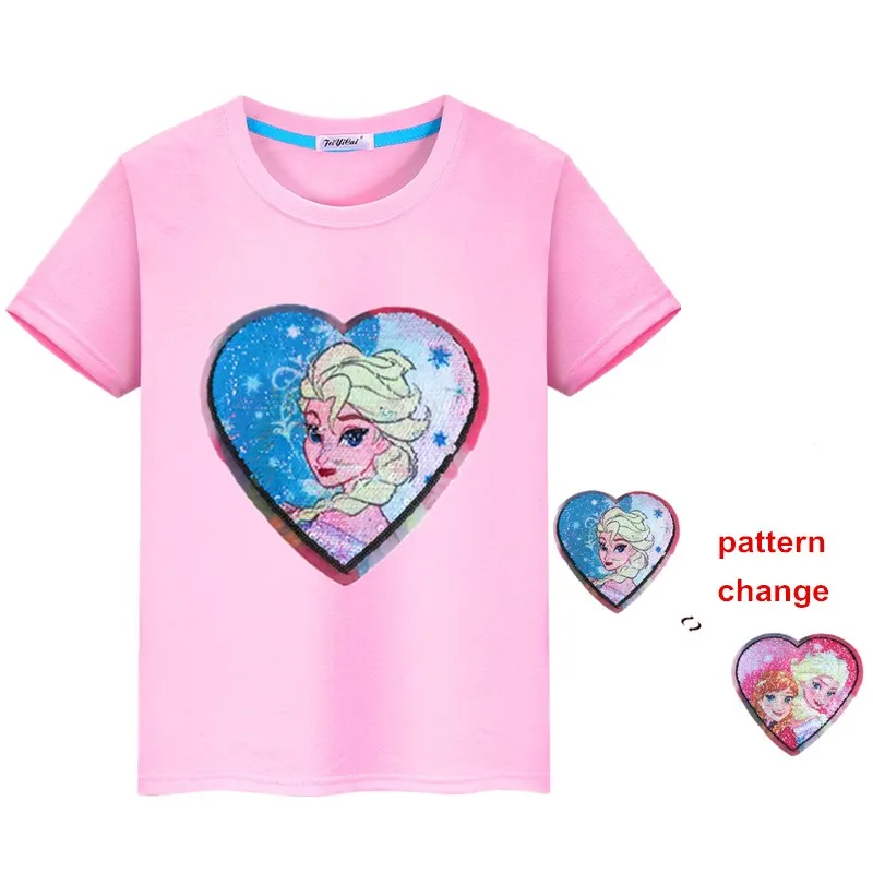 Детская футболка принцессы; футболка для девочек; летние хлопковые футболки с блестками для подростков с изображением Эльзы; детская одежда; одежда с короткими рукавами