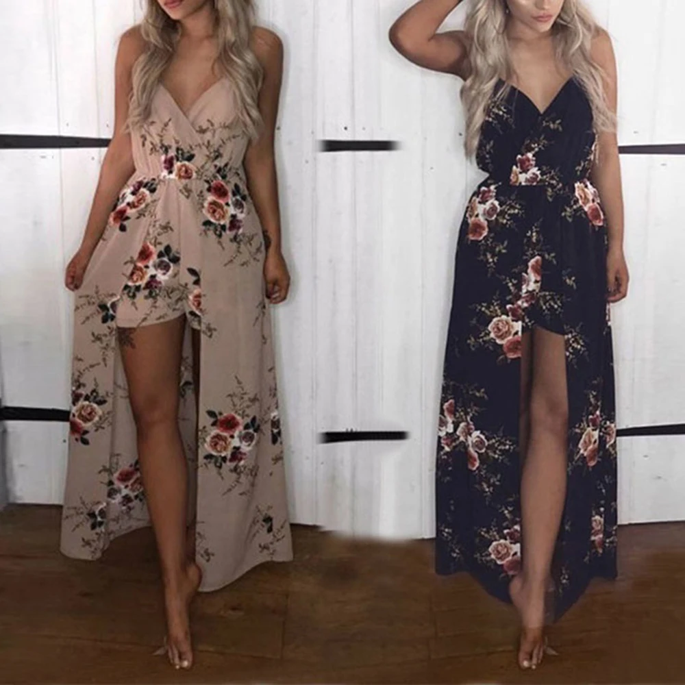 

Bohemia Split Long Maxi Dress Womens Rose Printed Boho Beach Shorts Irregular Hem Party Dresses