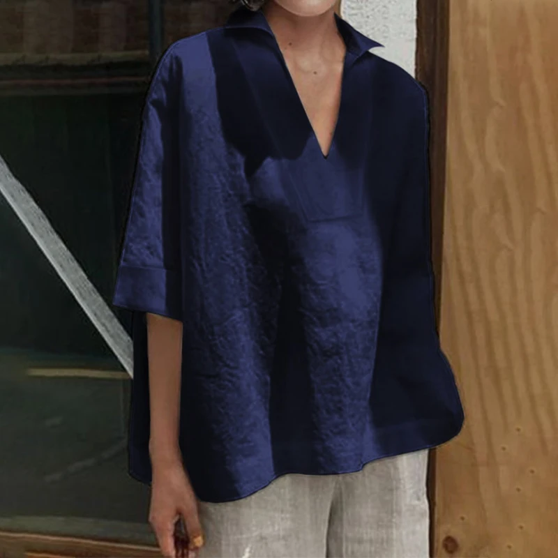 ZANZEA Kaftan Повседневная Туника с v-образным вырезом Женская Летняя Блузка модные рубашки с рукавом 3/4 Женские однотонные блузки для работы плюс размер туника
