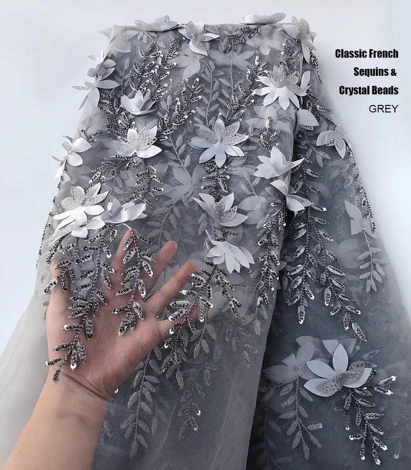 Grey 5 ярдов классические Блестящие Блестки французское кружево с хрустальными бусинами африканская Свадебная Тюль кружевная ткань нигерийская Гана швейная одежда - Цвет: Grey