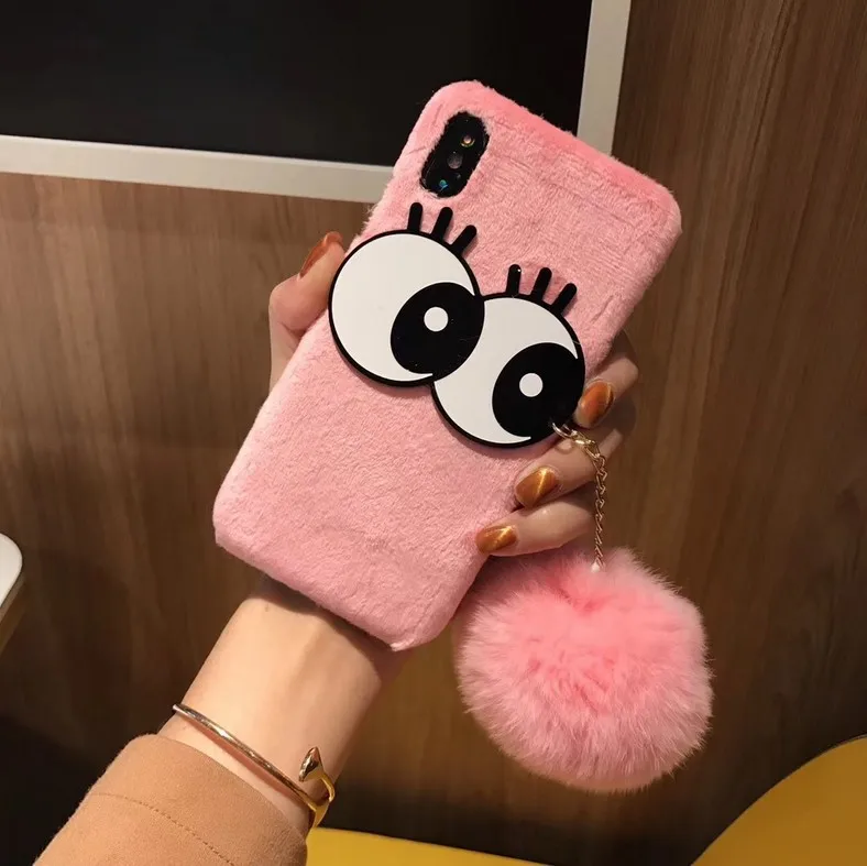 

case for iPhone 11 XR 7 8 11 Pro Max X XS Max Plus 6 6s cover Furry Ball Stereo Big Eyes Plush Hard Case PV half-wrapped