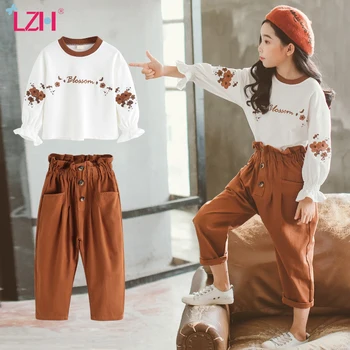 

LZH 2020 Autumn Fashion Embroidered Flower Top + Collect Waist Trousers 2pcs Suit Set For Youth Girl Set Children Cotton Clother