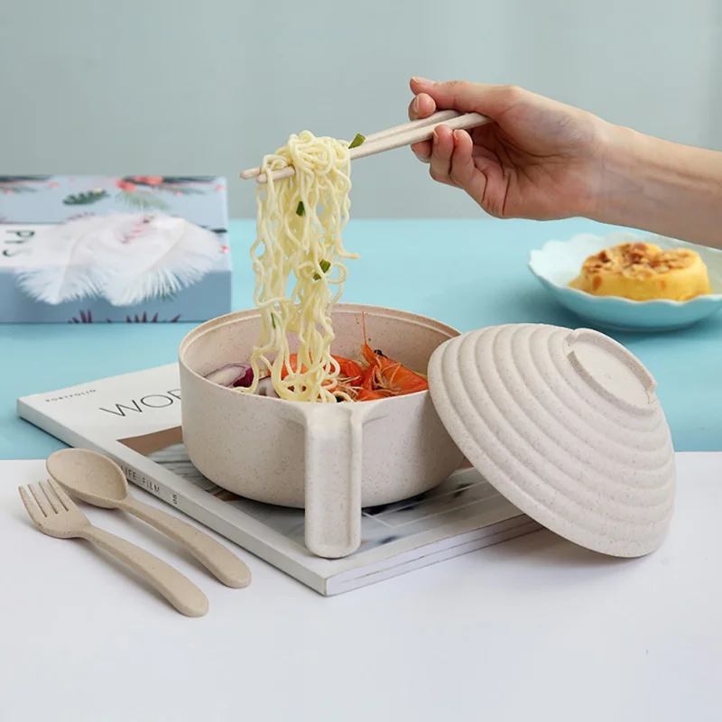 Large Instant Noodle Bowl With Lid Household Instant Noodle Bowl With Tableware Wheat Straw Lunch Box