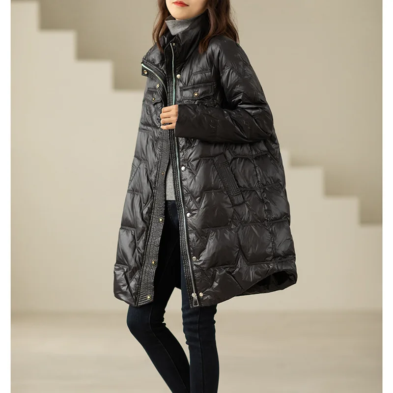 Mid-length White Duck Down Jacket 2021 Winter New Fashion Stand-up Collar Solid Color Western-style All-match Jacket