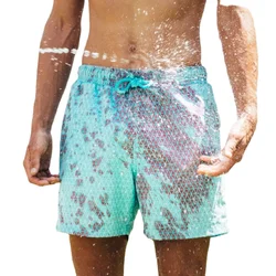 Maillot de bain à couleurs changeantes d'eau, pantalon de plage, large short de planche à couleurs chaudes pour hommes 