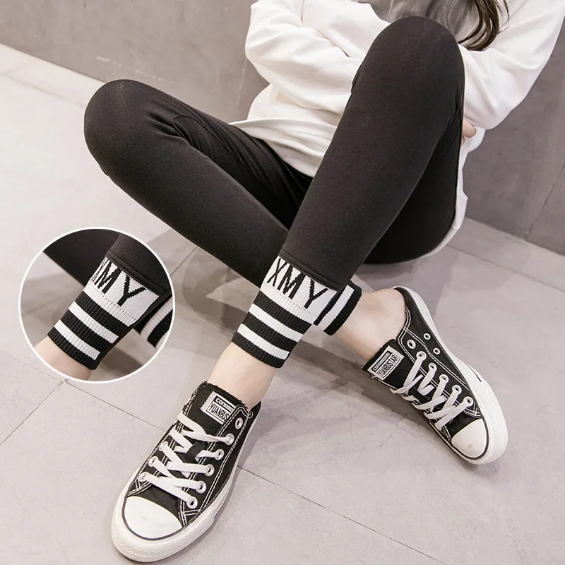 

Photo Shoot Spring And Autumn Pure Cotton yun fu wang Red Leggings Foot Mouth Joint Horizontal Stripes Lettered Versitile Fashio