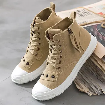 

New Spring Canvas Shoes Women Sneakers High-top Boots White Bottom Shoes Woman Lace-up Rivet Casual Shoes Platform Ankle Boots