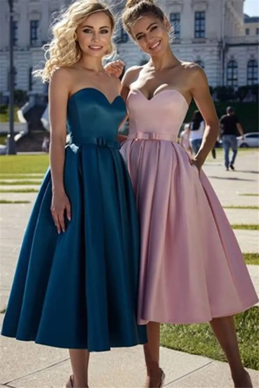 

Elegant Satin Prom Dresses 2019 Sweetheart Bow Sashes Ankle length Pockets Homecoming Party gala jurken