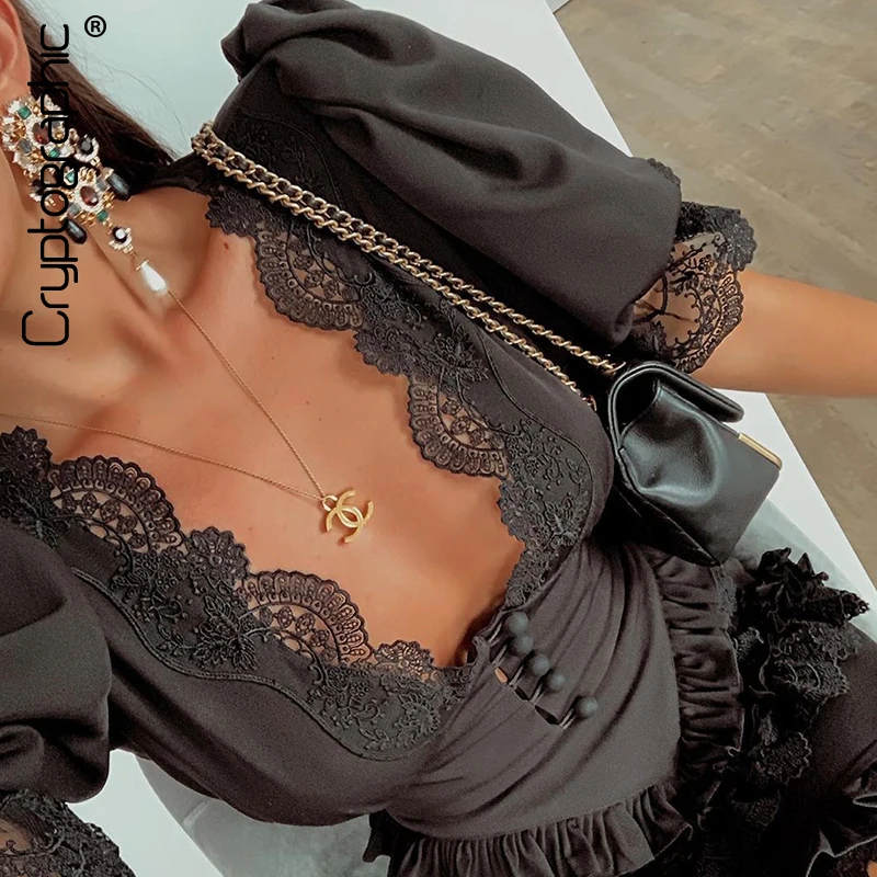 Cryptographic Button Lace Sexy Shirt Dress 2020 Spring Bubble Short Sleeve Plunge V Neckline Female Mini Dresses Party Clubwear Cryptographic Button Lace Sexy Shirt Dress 2020 Spring Bubble Short Sleeve Plunge V Neckline Female Mini Dresses Party Clubwear