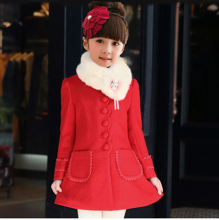 Kids Children girls woolen jacket pink thick big fur collar woolen coat princesses kids autumn winter wedding party clothes