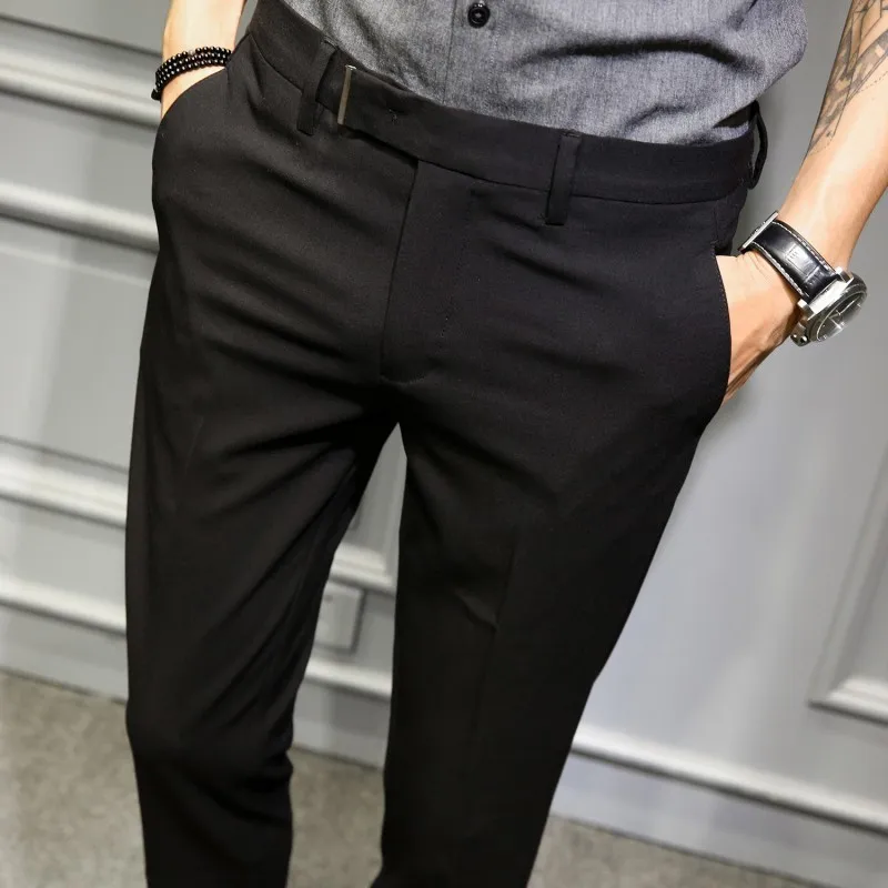 Корейский Slim Fit Для мужчин костюм штаны Панталоны; цвет черный, темно-синий; однотонные Бизнес Повседневное офисные брюки стрейч Костюмные брюки Для мужчин Большие размеры 36