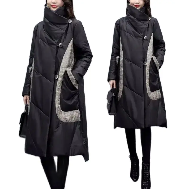 

2022 Winter New Women Loose Fashion Mid-length Down Cotton Padded Jacket Female Black Slim Cloak Coat Thicken Parka Warm A826
