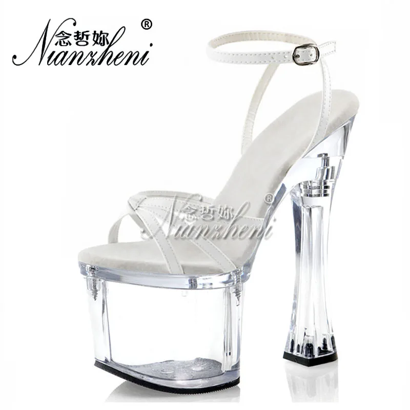 

18cm Super High heeled shoes Roman Patent leather Thick platform 7 inches Open Toe Big Size Women Sandals Spool heel Sexy Fetish