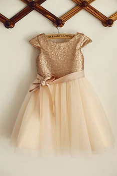 

Flower Girl Dress with Bow Sashed Ball Gown Scoop Knee-length Short Sleeves Sequined Tulle Zipper-up