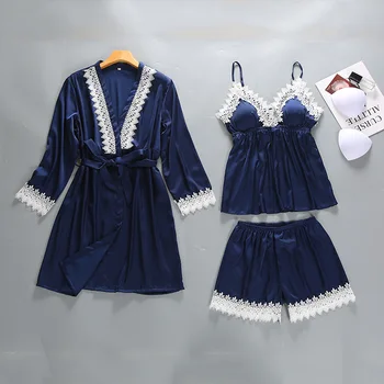 

Solid Silk Strap Shorts Robe 3PCS Pajama Set Women Sexy Lingerie Pijama Mujer Nightwear Sleepwear пижама женская Nightgown