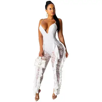 

Zoctuo 2019 Autumn Rompers Womens Lace Stitching Jumpsuit Printed Sexy Halter High waist Club Overalls Bodysuits