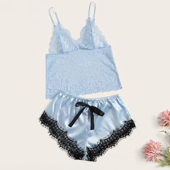 

New 2020 Sexy Lingerie Sleepwear Set Women Satin Lace Print Camisole and Bow Shorts Pajamas Two-piece Suits