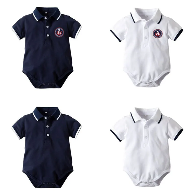 

2020 Summer Newborn Baby Onesies College Style Letter A Short Sleeved Lepel Rompers Cotton Kids Clothes Ropa De Bebes Outwears