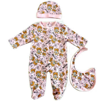 

2020 fashion newborn baby clothes cotton printed long-sleeved bear boy girl romper hat and bib Sets