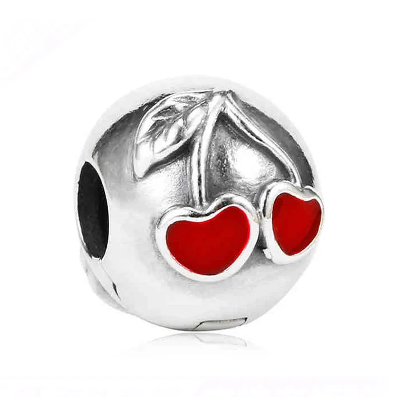 

Authentic 925 Sterling Silver Bead Charm Red Enamel Cherry love Clip Lock Stopper Beads Fit Pandora Bracelet Diy Jewelry