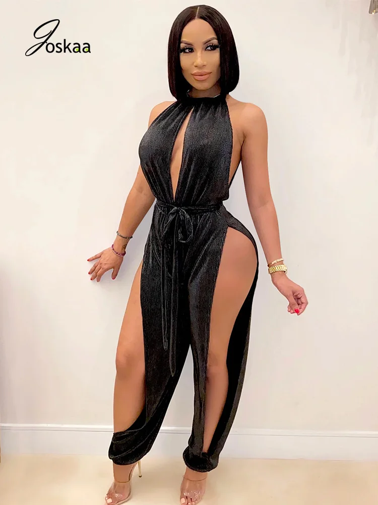 

Joskaa High Slit 2020 Sexy Night Club Jumpsuit Solid Sleeveless Sashes High Waist Corduroy One Piece Outfits Halter Party Romper