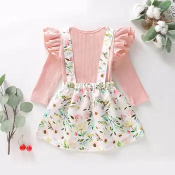 

2pcs Toddler Girl Clothes Set Kids Baby Girls Dress Girls Clothes Long Sleeve Tops Floral Bib Dress Strap Dresses Outfits Set