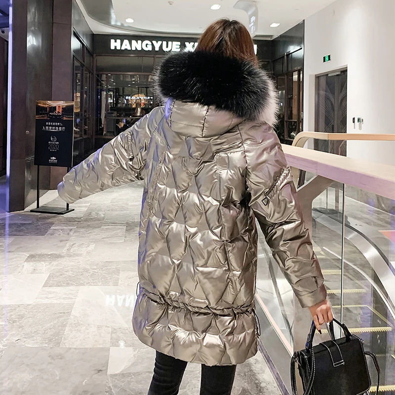 2020 Winter Long Shiny Jacket For Women Solid Plus Size Hooded Parkas Korean Style Fur Collar Thick Outwear Coats Chaqueta Mujer