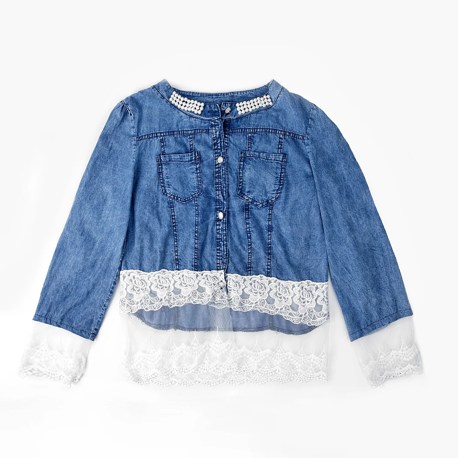 Najtaniej Kobiety Lady niebieski Denim kurtka koronki łączenie z długim rękawem znosić Jean jesień moda płaszcze topy