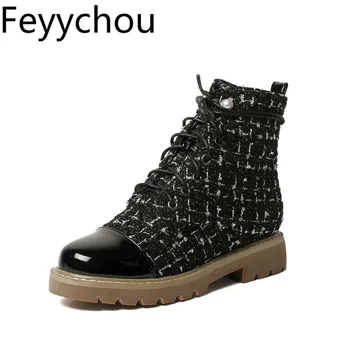 

Women Boots Autumn Winter Warm Med Heel Lace Up Platform Round Toe Ankle Patchwork 2019 New Sexy Fashion Martin Boots Black