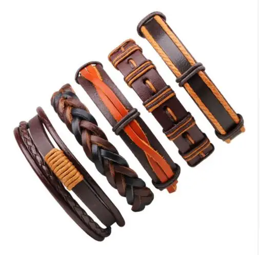 6925 Lacooogh, 1 комплект/5-6 шт., панк-рок, Череп, звезда, кожаные браслеты для мужчин и женщин, Готическая плетеная веревка, ювелирные изделия, подарки, мульти браслет с шармом - Окраска металла: 6925