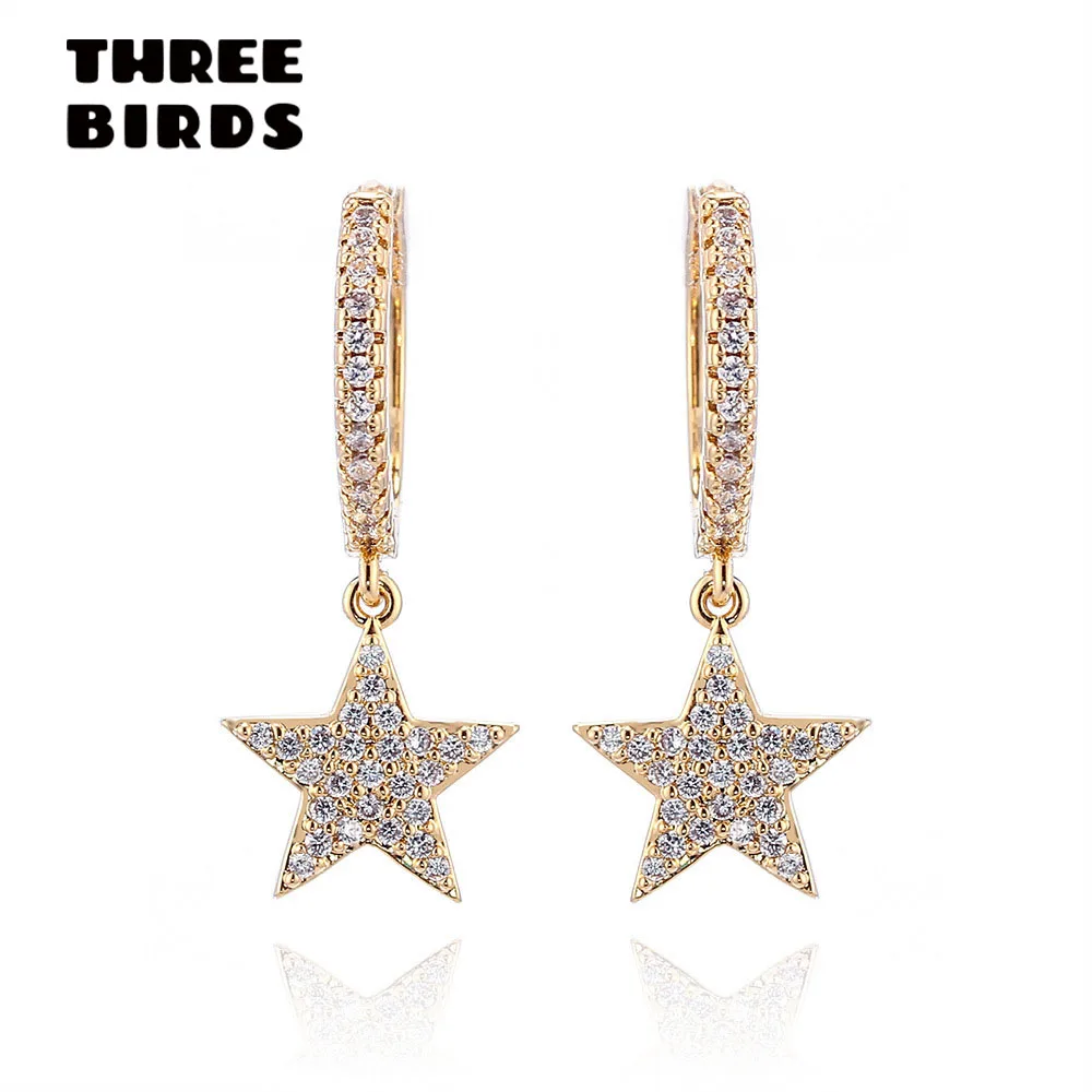 

THREE BIRDS Trendy zirconia gold Star Dangle Earrings high quality AAAAA silver Round Hoop Earrings For Women drop Jewelry 2019