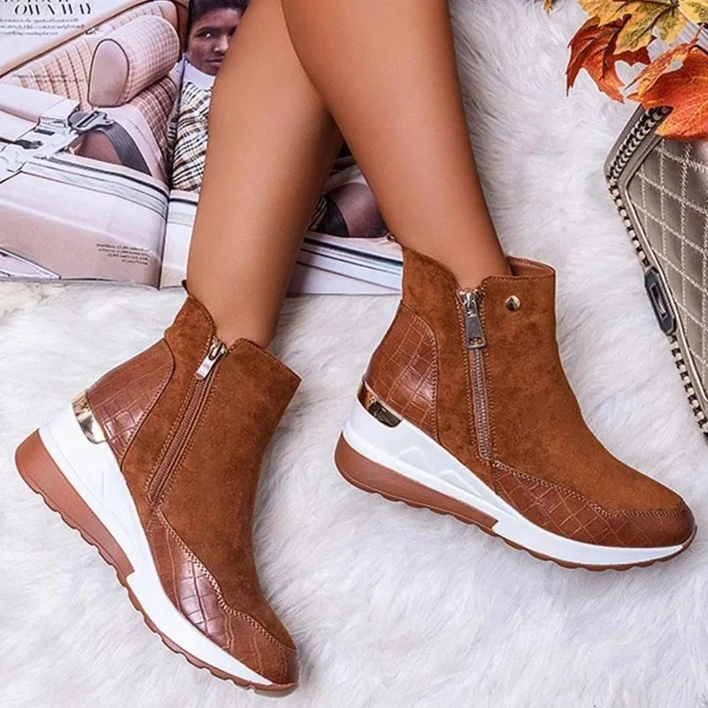 2020 Women Boots fashion Winter ankle waterproof Boots Round Toe Wedges Snow Warm Women's Sneakers Work Non slip Female Shoes