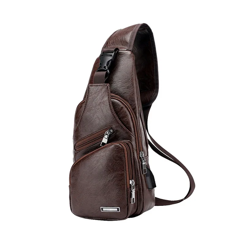 dark brown Мужские сумки через плечо, мужские USB зарядка, наушники, кожаная сумка на плечо, сумка для путешествий, поясная упаковка - Цвет: dark brown