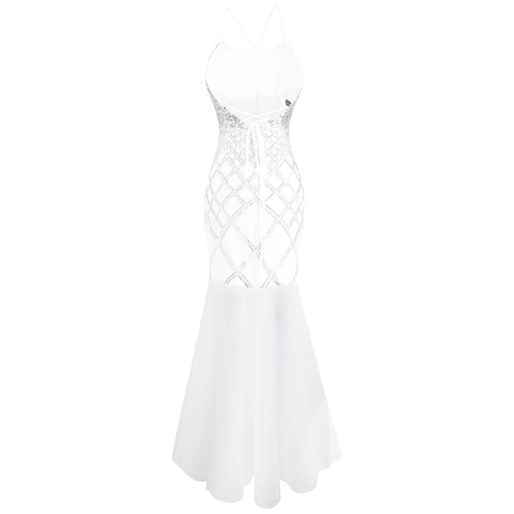 Angel-fashions женские вечерние платья из тюля на тонких бретельках с открытой спиной и блестками, длинное свадебное платье серебряного цвета 470