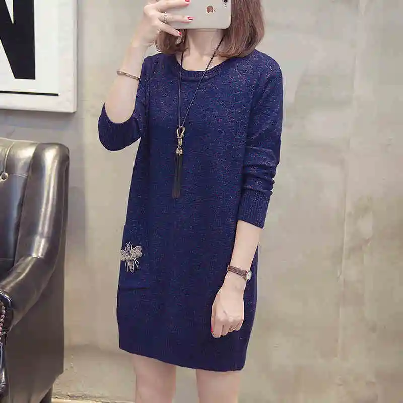 

Женский свитер с круглым вырезом, однотонный вязаный пуловер, топы, повседневная универсальная Зимняя Толстая рубашка средней длины с длинным рукавом, джемперы