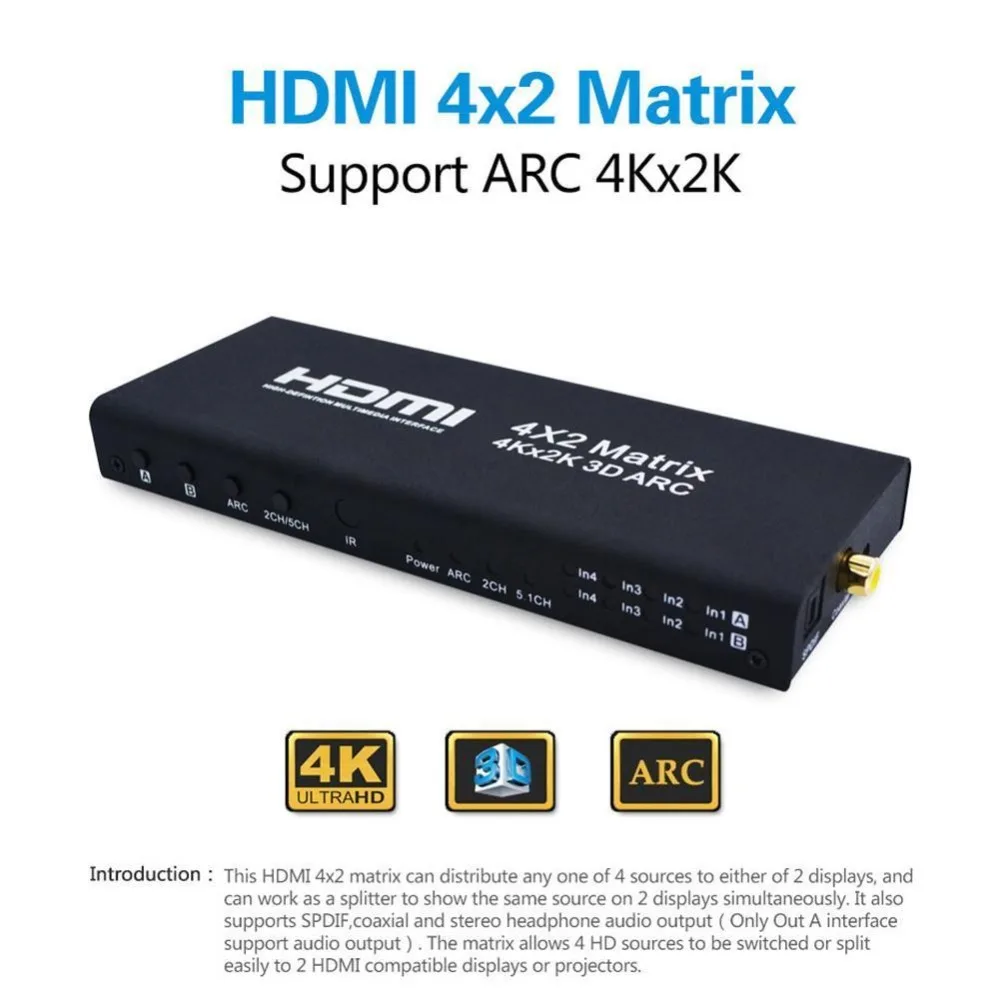 Портативный HDMI матричный 4X2 HDMI Разветвитель переключатель 1,4 HDMI 4 в 2 Выход коммутатор разветвитель адаптер Поддержка 4 к* 2 к с пультом дистанционного управления