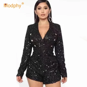 

Modphy 2020 Spring New Fashion Women'S Black Sequin Jumpsuit Sexy Club Party V-Neck Button Bodycon Jumpsuit