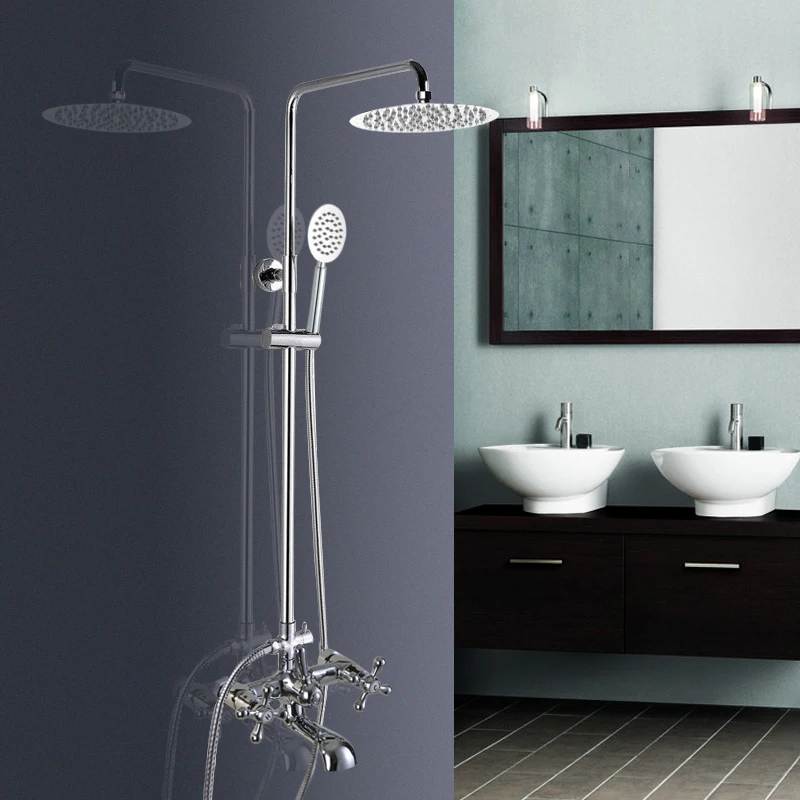 

Polished Chrome Brass Dual Cross Handles Wall Mounted Bathroom 8" Round Rain Shower Head Faucet Set Bath Tub Mixer Taps mcy328