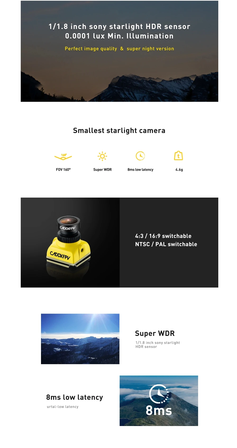 Caddx Baby Ratel Mini FPV камера 1200TVL 1/1. 8 ''Starlight HDR 0,0001 LUX супер ночная версия OSD 4,6g для гоночного дрона FPV