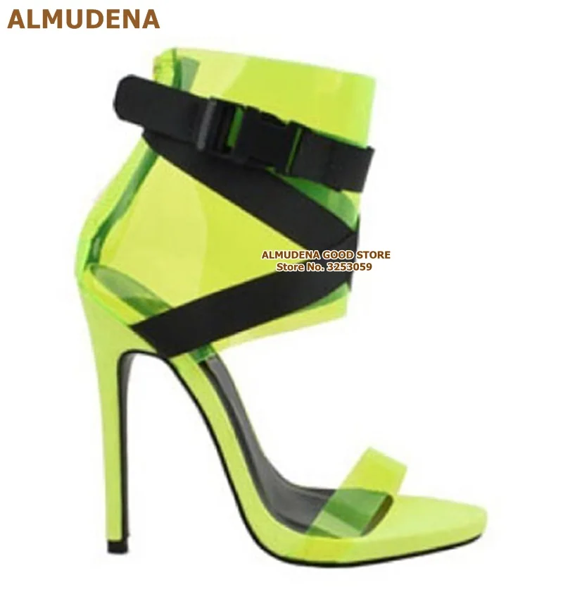 ALMUDENA Lime Green Clear PVC Dress Sandals Orange Transparent Buckle Strap Dress Shoes Cross Strappy Patchwork Ladies Pumps