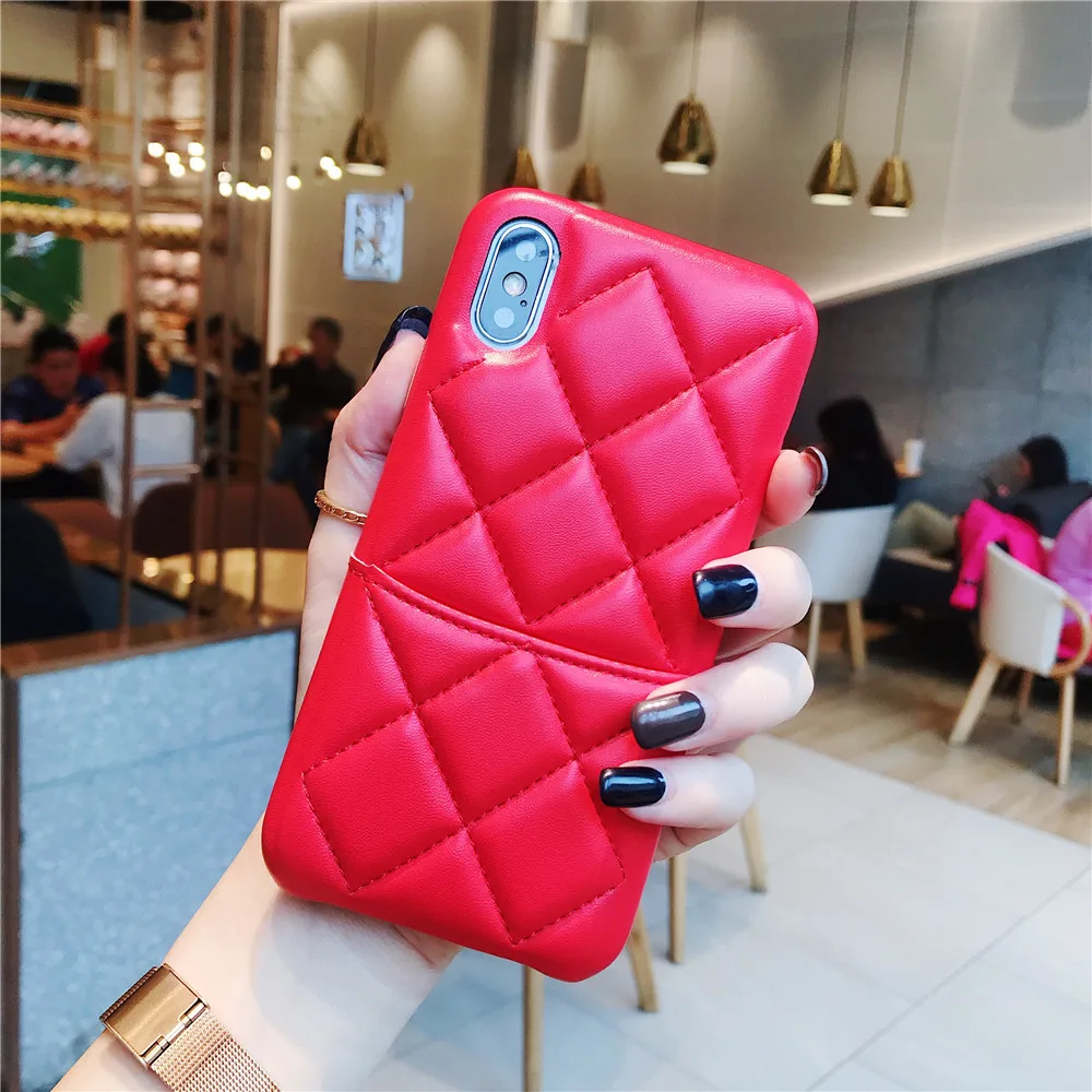 Роскошный брендовый кожаный чехол для телефона из овчины для iphone 11 pro Xs max XR X 7 8 6s plus, кошелек с карманом для карт, задняя крышка с ромбовидной решеткой - Цвет: Красный