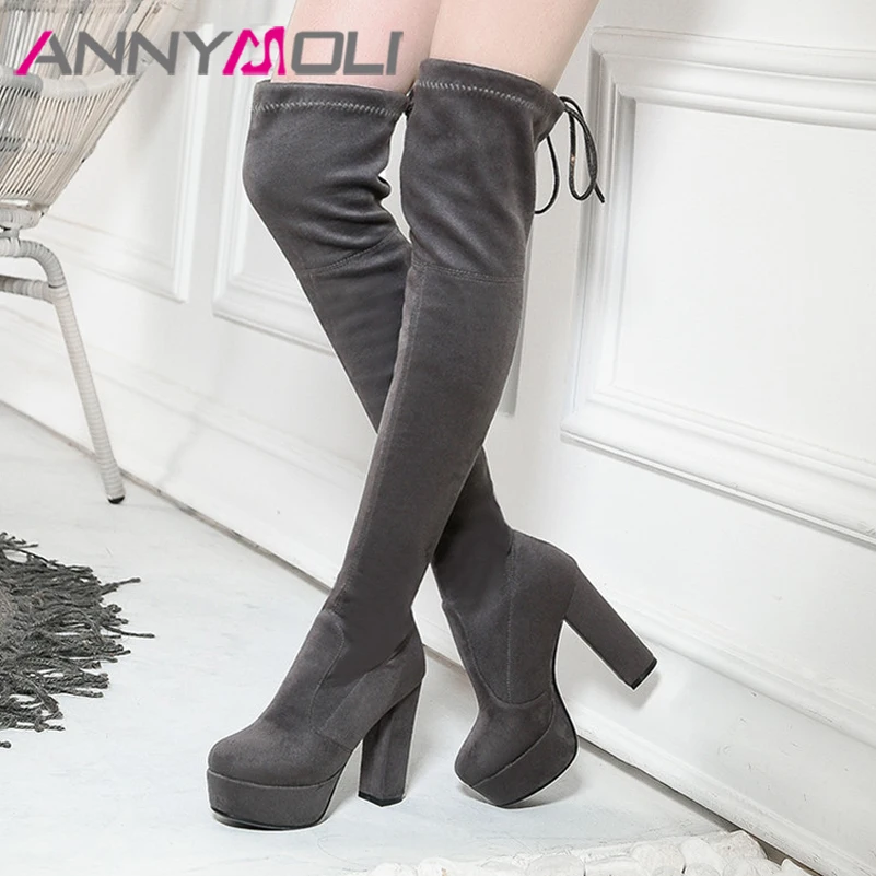 

ANNYMOLI Over The Knee Boots Woman Super High Heel Long Boots Platform Block Heel Slim Stretch Shoes Female Thigh High Boots 43