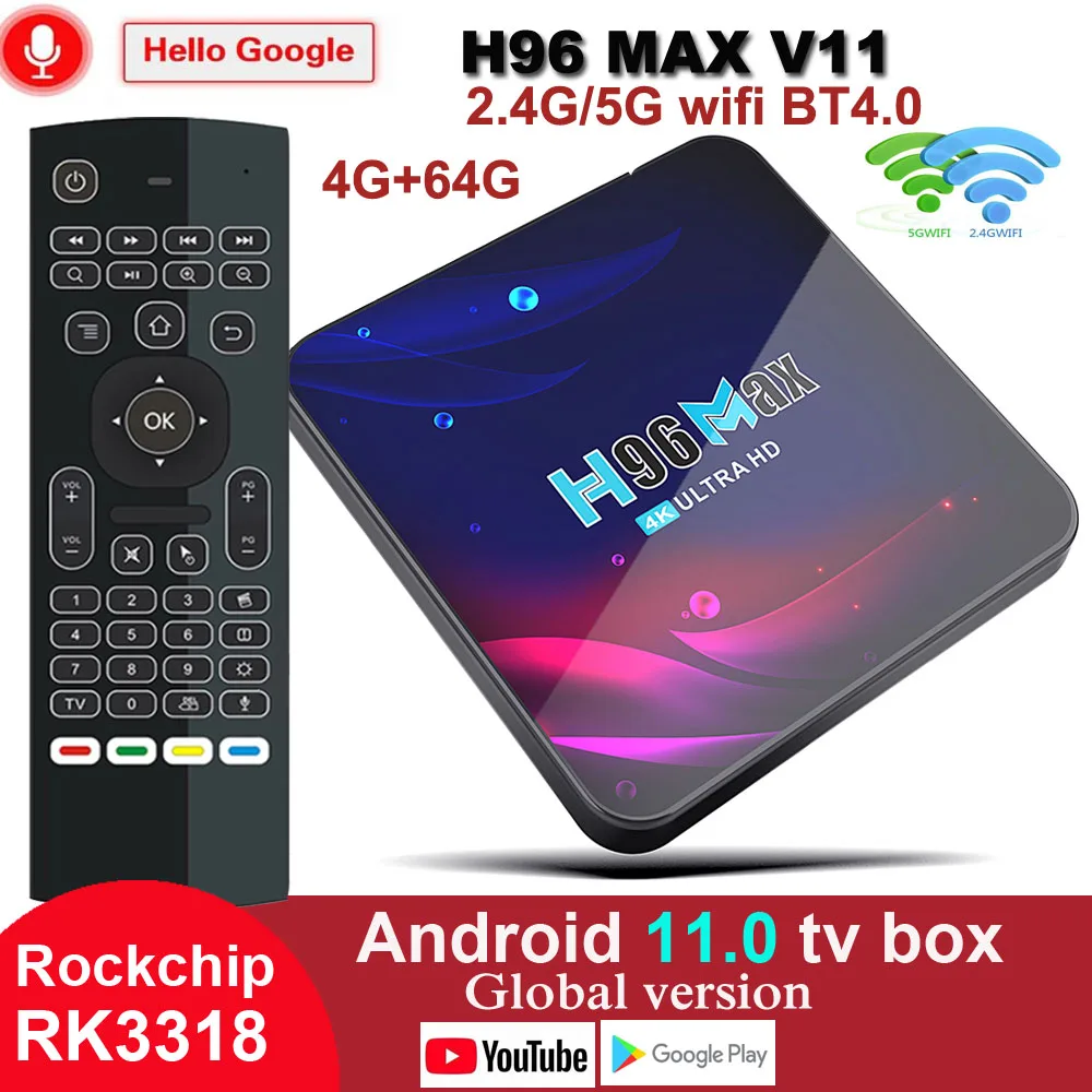 ТВ-приемник 4K HD Youtube Google Play 2 4G 5G Wi-Fi BT4.0 HDR USB 3 0 4 Гб 32 ГБ 64 Smart TV Box Android 11 H96 MAX V11 |