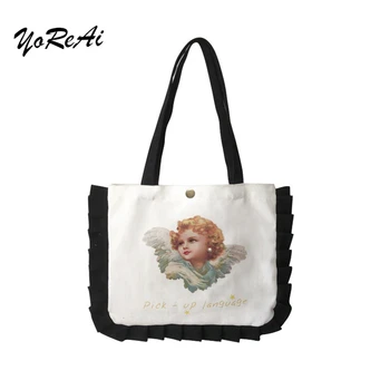 

YoReAi New College Style Canvas Bag Cute Shoulder Bags Pearl Girl Print Handbag Double Model Tote Ruffled Decorative Handbags
