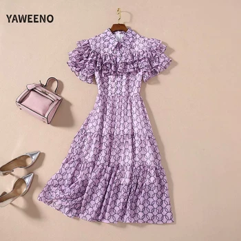 

Yaweeno Runway Designer Women Summer Elegant Ruffled Striped Print Ladies High Waist Bohemian Holiday Dresses Tide