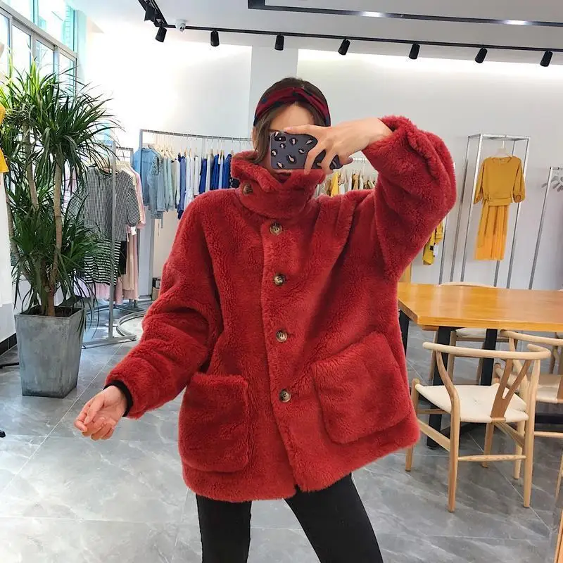 

2019 New Winter Women Genuine 100% Wool Loose Coat Female Thick Warm Real Sheep Shearing Fur Jacket Overcoat Abrigo Mujer E10